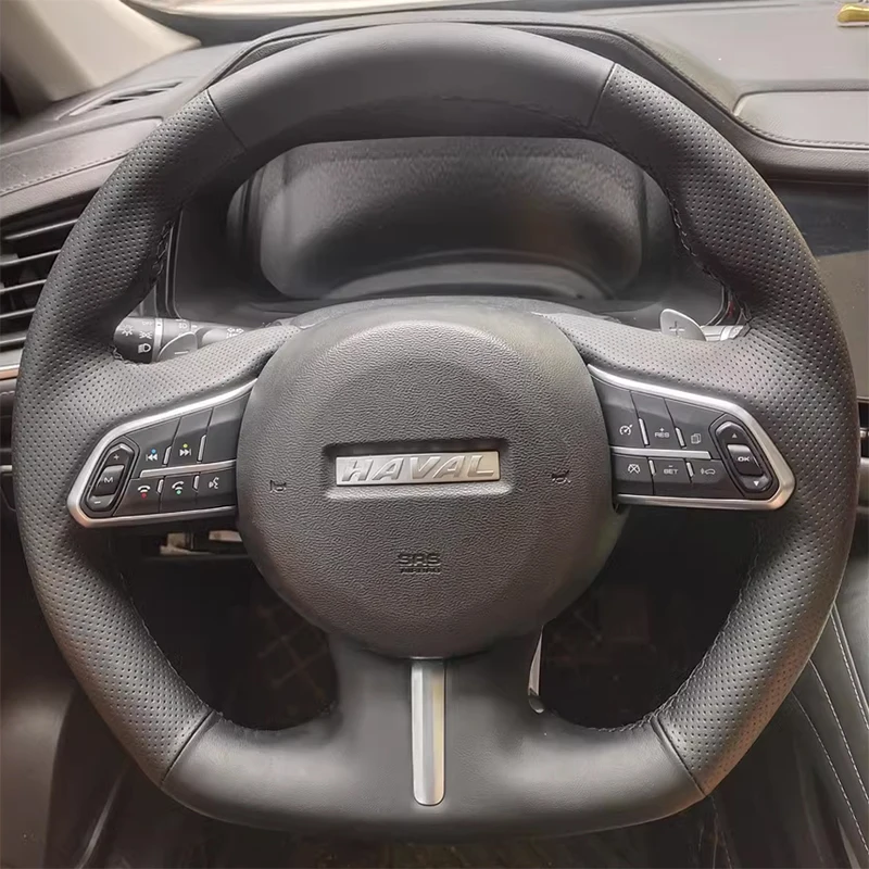 

100% подходит для Haval F7 F7X D-типа, автозапчасти, прошитый вручную черный карбоновый чехол из натуральной кожи, нескользящий чехол на руль автомобиля