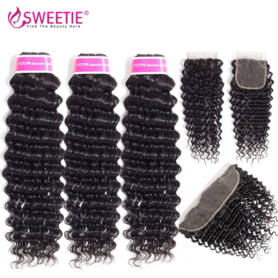 Sweetie Brazilian Deep Wave Bundles With Frontal Closure 100% Human Hair Weave 3 Or 4 Bundles with Ear To Ear Frontal Non-Remy