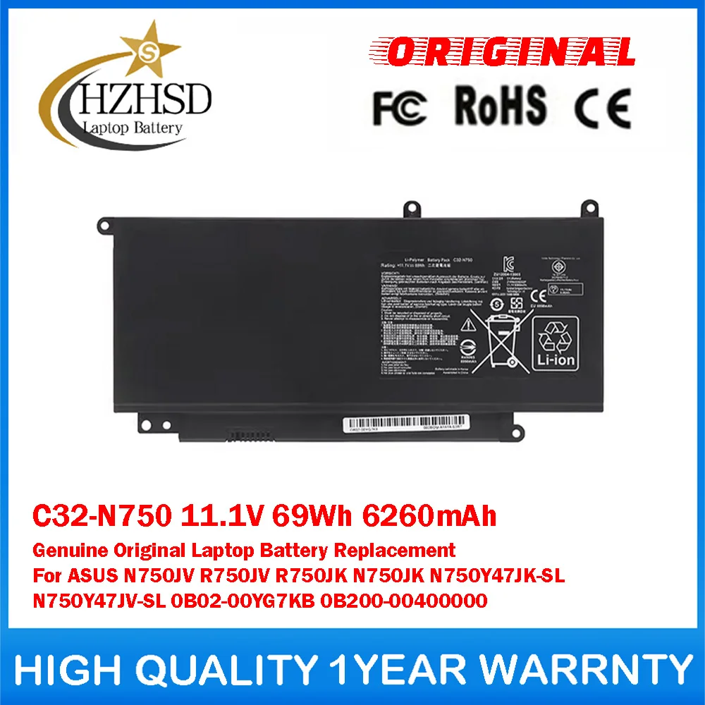 Фото Оригинальный аккумулятор для ноутбука C32-N750 11.1V 69Wh 6260mAh для ASUS N750JV R750JV N750JK N750Y47JK-SL N750Y47JV-SL 0B02-00YG7KB №1