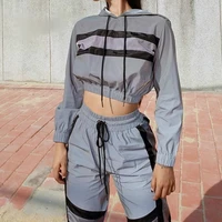 womens tracksuits 2 piece set reflection crop top and pants fashion female loose long sleeve hoodies jogger pants sets femme