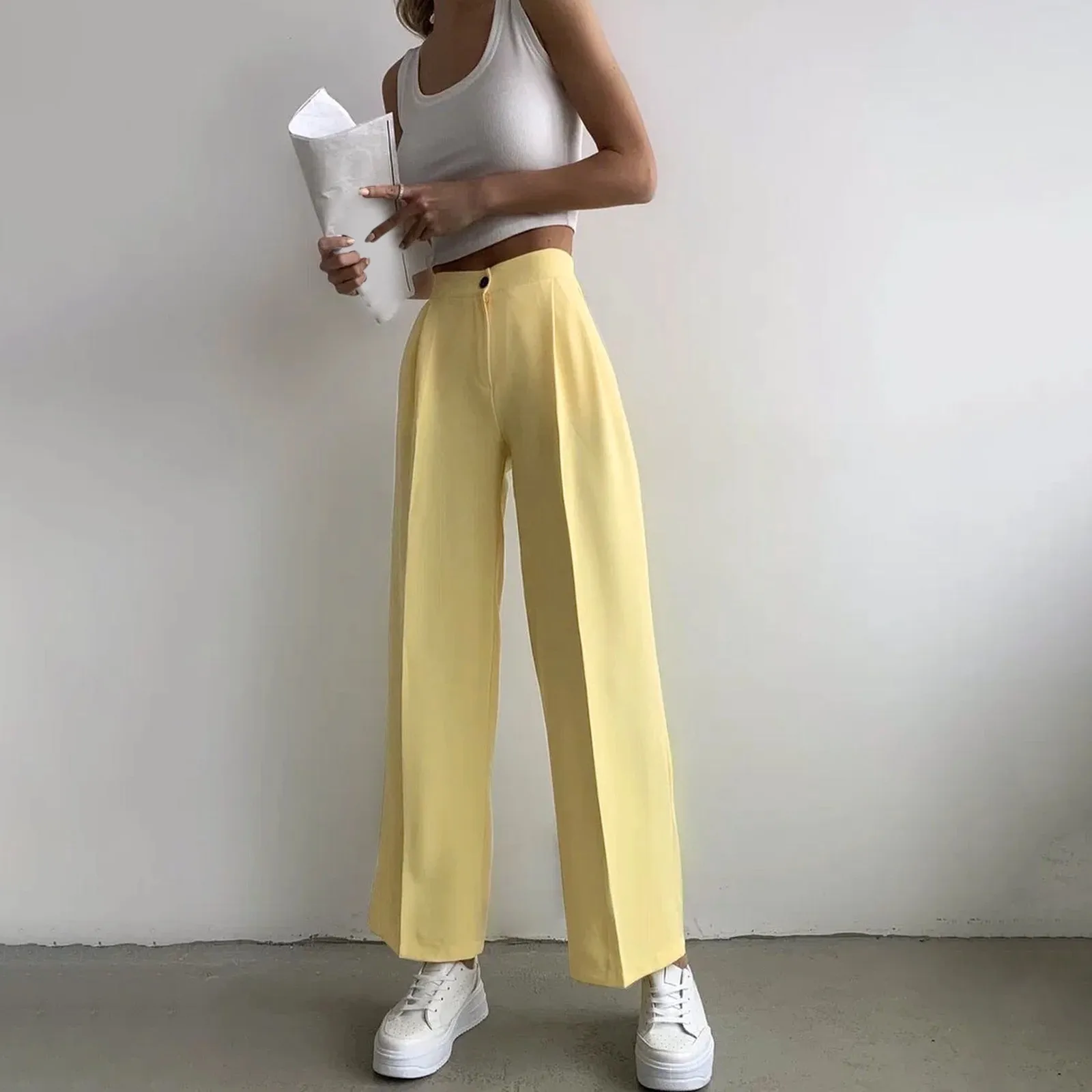 

Эластичные повседневные брюки для женщин, женские брюки с широкими штанинами, с высокой эластичной талией на спине, Деловые женские трениро...