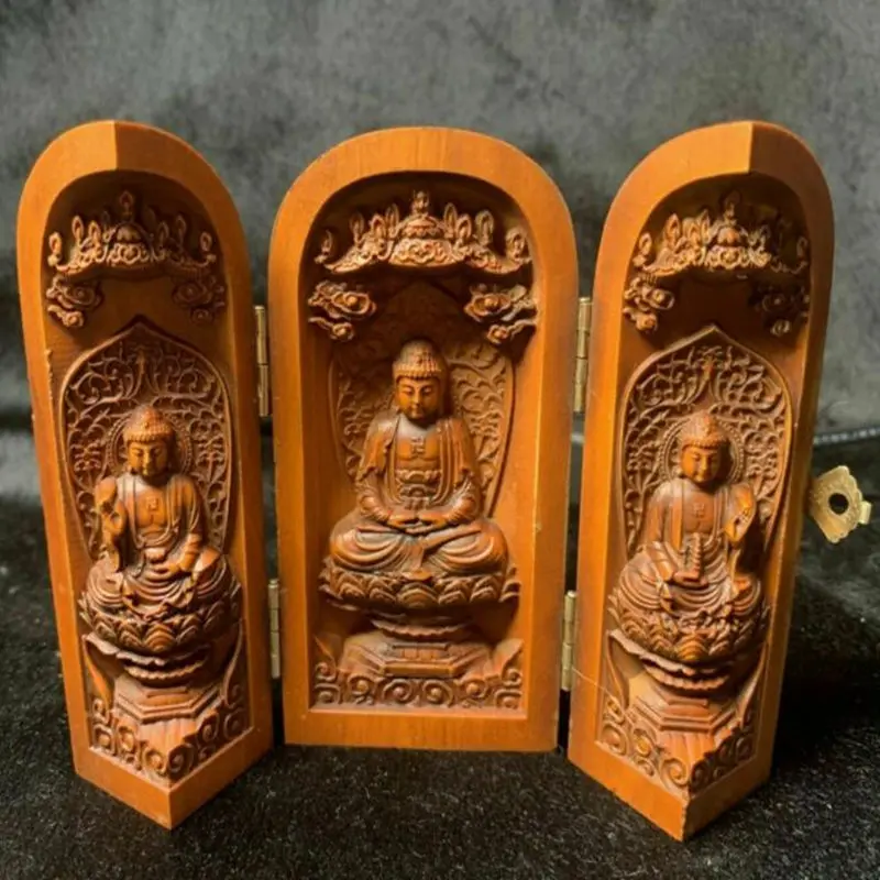 

Vintage Japanese Netsuke Old Boxwood Carved Three Open Buddha Box Statue Boutique Statues for Decoration Collection Ornaments