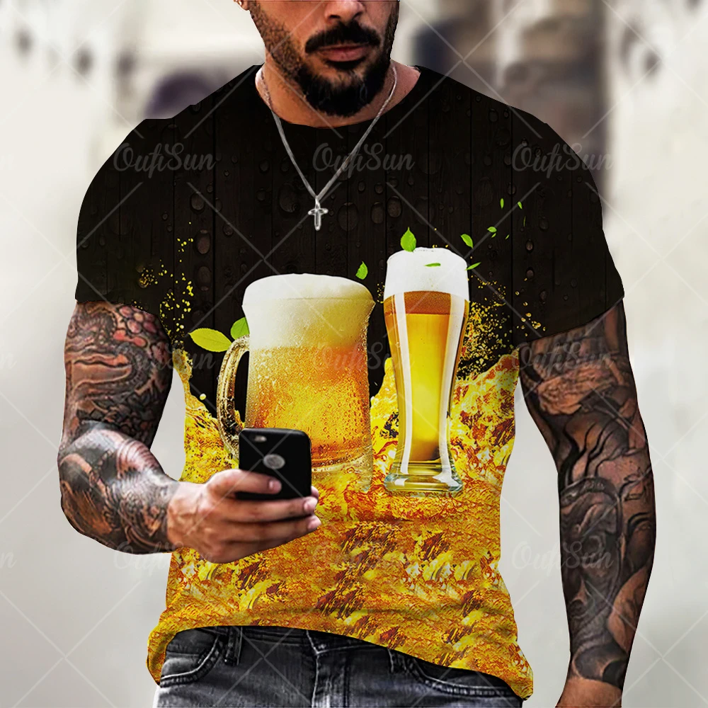 

3D Beer Print T Shirt for Men Summer Polyester O-Neck T-shirts Breathable Short Sleeve Loose Tops Tees Oversized Male Clothing