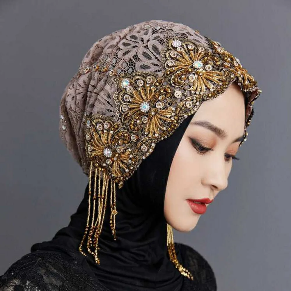 Women's New Muslim Beads Lace Hot Diamond Hat Dubai Turkey India Abaya Arab Islamic Women Morocco Kaftan Hoodie Hat