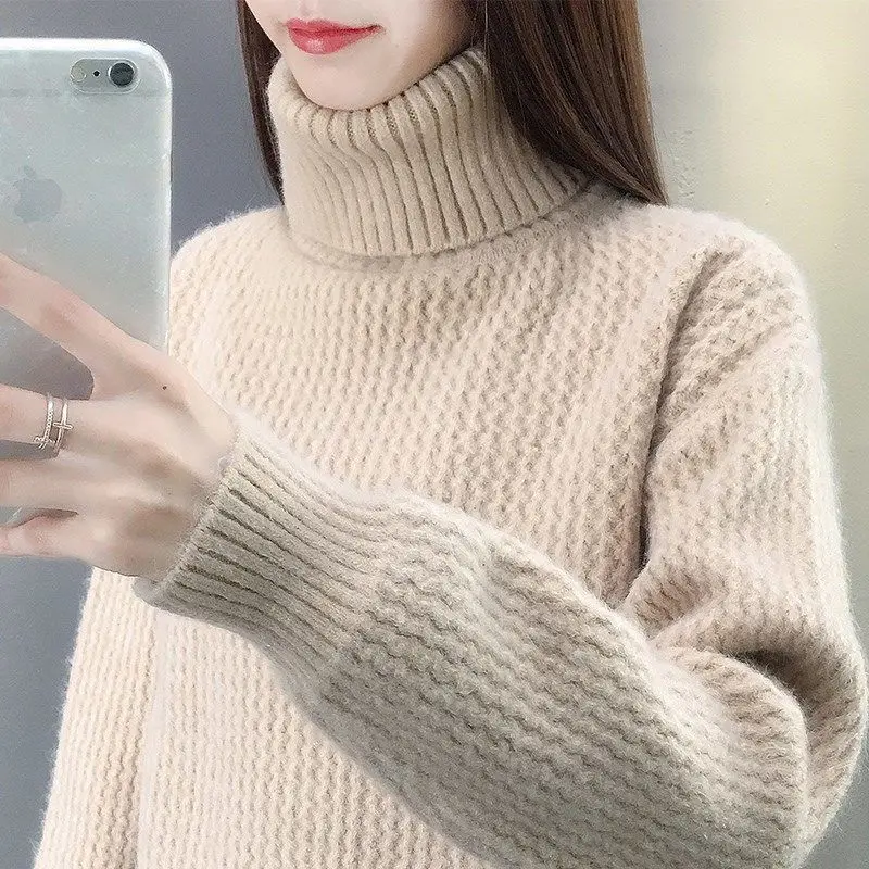 

Autumn Winter Ladies Turtleneck Knit Sweater Long Sleeve Solid Color Soft Wool Sweaters Loose Cashmere Bottoming Shirt Top E932