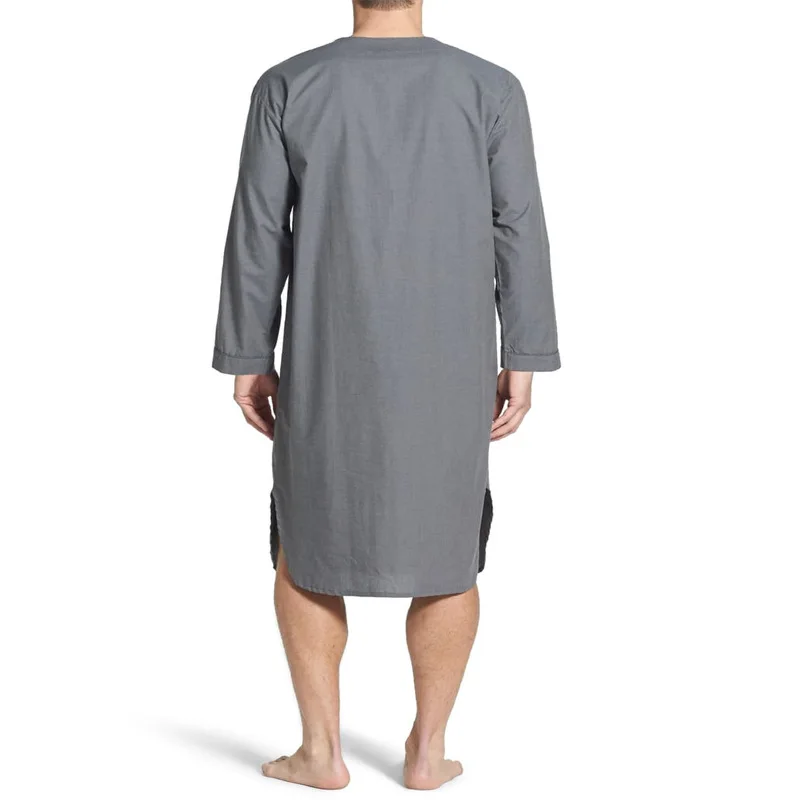 Muslim Men's Robe Southeast Asian Spring Autumn Loose V Standing Long Sleeved Medium Length Robe Solid Color Pajamas