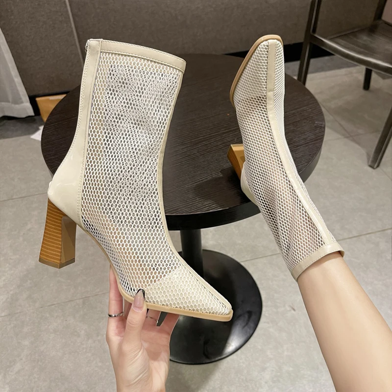 

Sexy Fashion Ladies High Heels Short Boots Mesh Hollow Female Zipper Nude Boots Pointed High Heels Casual Shoes Botas De Mujer