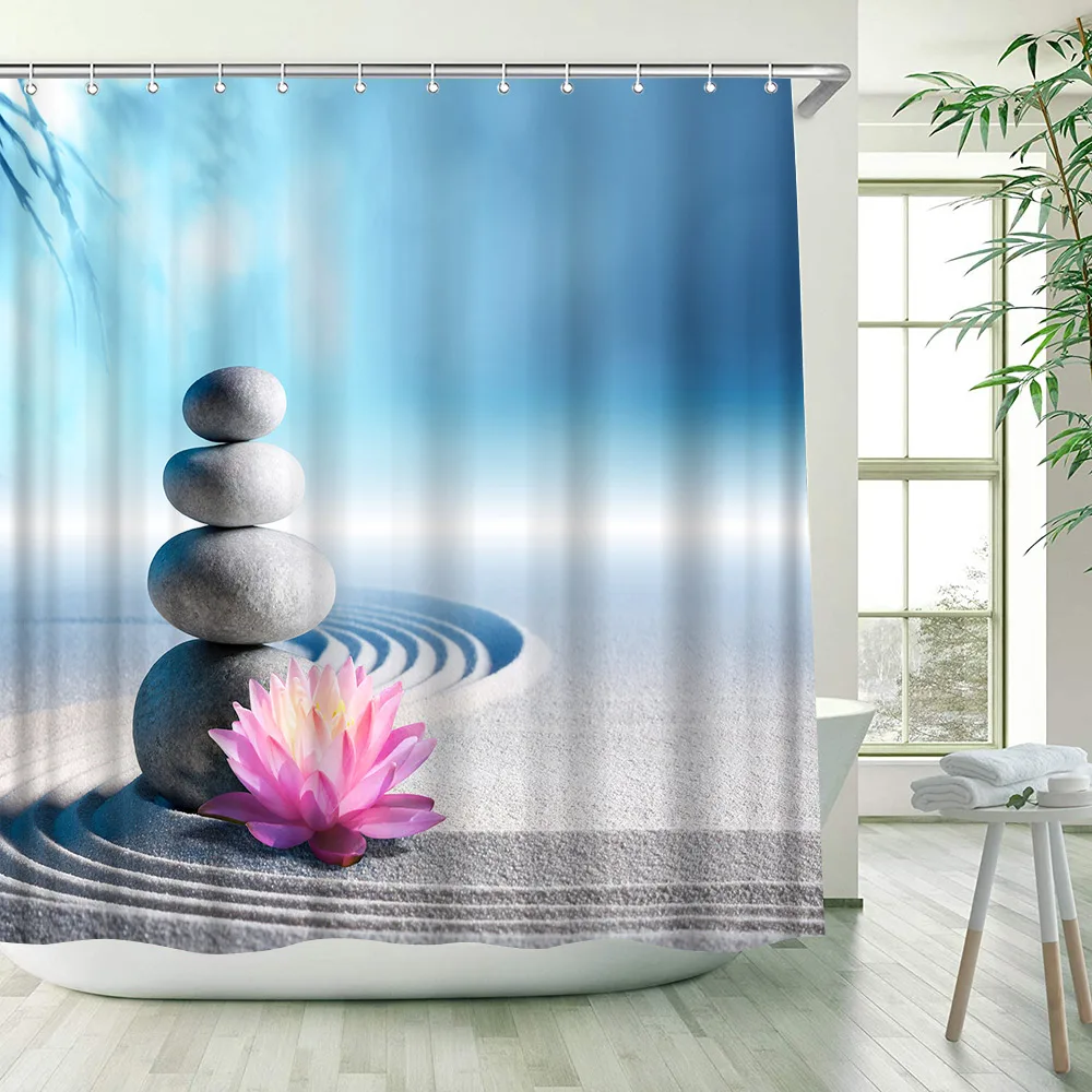 

Zen Bathroom Curtain Meditation Lotus Landscape Green Bamboo Floral Stone Dimensional Flower Candle Partition Bathroom Decor