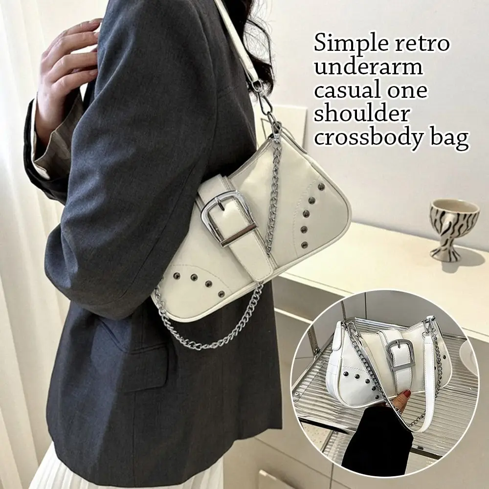

Vintage Rivet Shoulder Bags Solid Color Ladies Underarm Bag Fashion Women Chain Small Handbags PU Leather Female Tote Purse