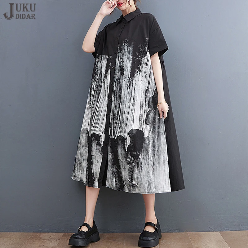 

Женское Повседневное платье-рубашка с принтом Tie-Dye, свободное Черное длинное платье-рубашка большого размера с рисунком, модель JJXD068 на лето