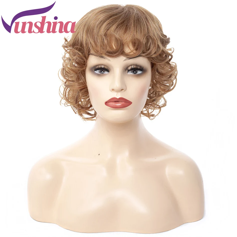 

Vunshina Golden Brown Curly Short Synthetic Wig With Bangs 12# Natural Curls Heat Resistant Fake Fringe Wigs For Black Women