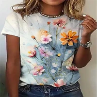 new flower short sleeve crew neck t shirt women outdoor street polyester fabric fashion 2022 summer new arrival