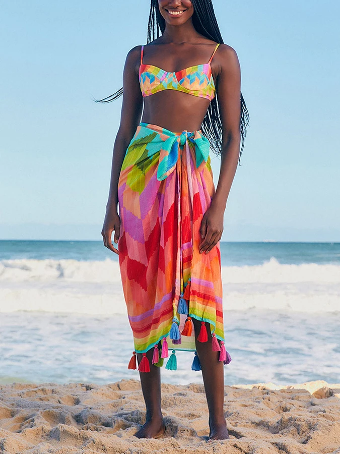 

Women's Fashion Colour Print Sling Bikini Summer High Waist Backless Swimsuit Cover Up 2 Pieces Holiday Beach Swimwear Surf Wear