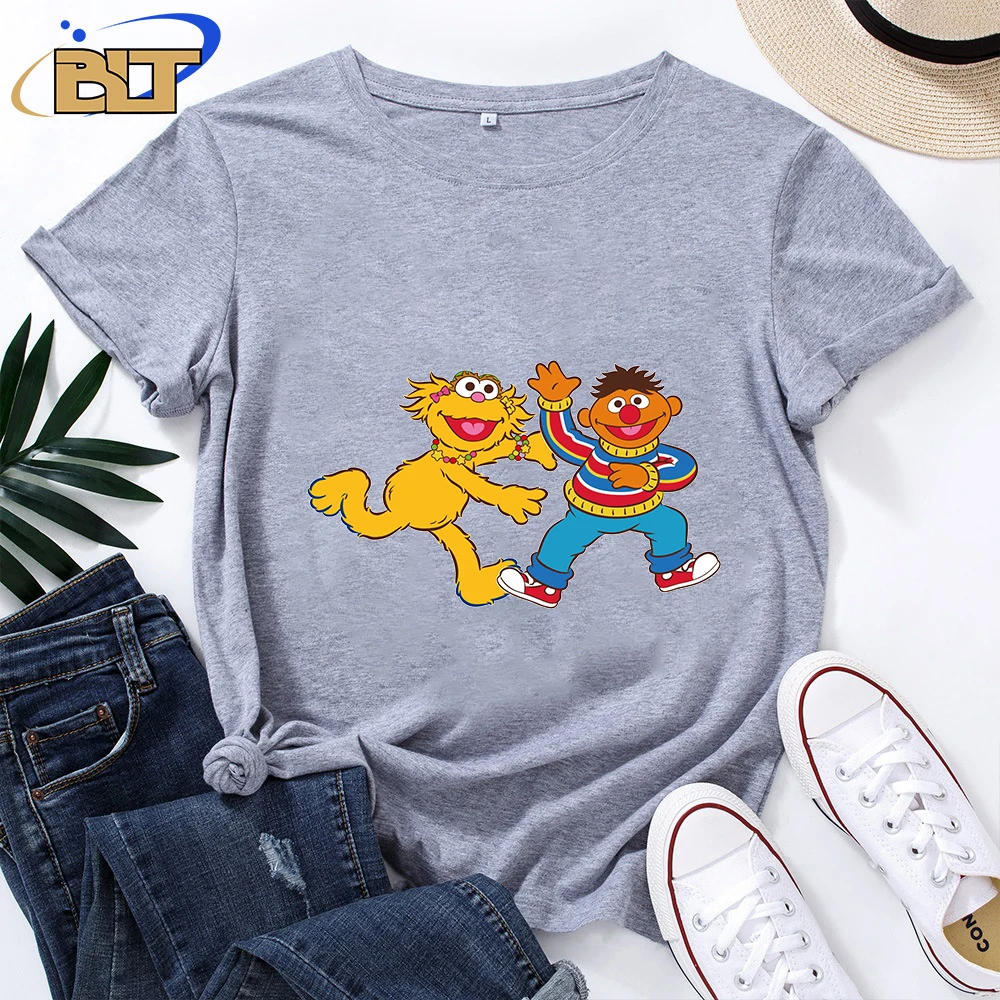 Женская футболка с принтом Улица Сезам повседневная серая хлопковая коротким