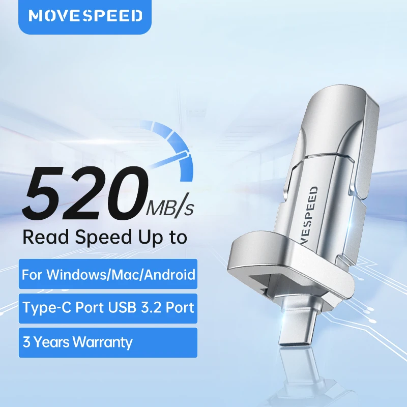 Флеш накопитель MOVESPEED, USB 3,2, 520 Мб/с, AES256, шифрование, твердотельный накопитель USB Type C Gen 2, 512 ГБ, 256 ГБ, 128 ГБ для обеспечения безопасности данных