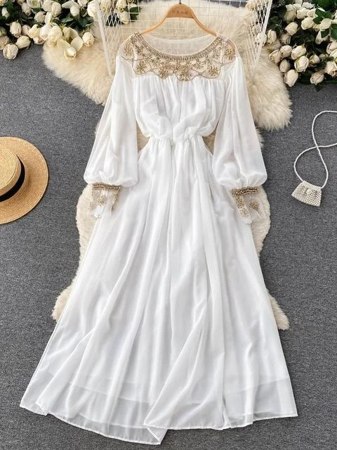 

Summer Bohemain Beading Chiffon Dress Women's Diamonds Embroidery O Neck Long Lantern Sleeve Slim Party Maxi Vestidos Fashion