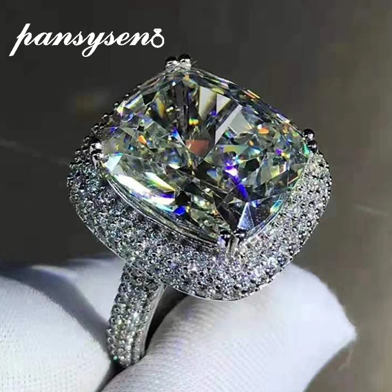 PANSYSEN 100% 925 Sterling Silver Cushion Cut 3EX 10ct D Color High Carbon Diamond Gemstone Wedding Engagement Ring Fine Jewelry
