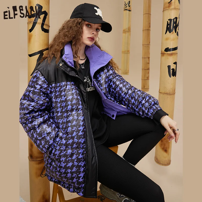ELFSACK Purple Cargo Coats Warm Down Jackets Women 2022 Winter Loose Mid-length Coats
