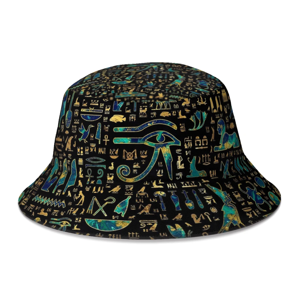 

Summer Ancient Egyptian Hieroglyphics Bucket Hats for Unisex Outdoor Travel Foldable Bob Fishing Fisherman Hat Panama Cap