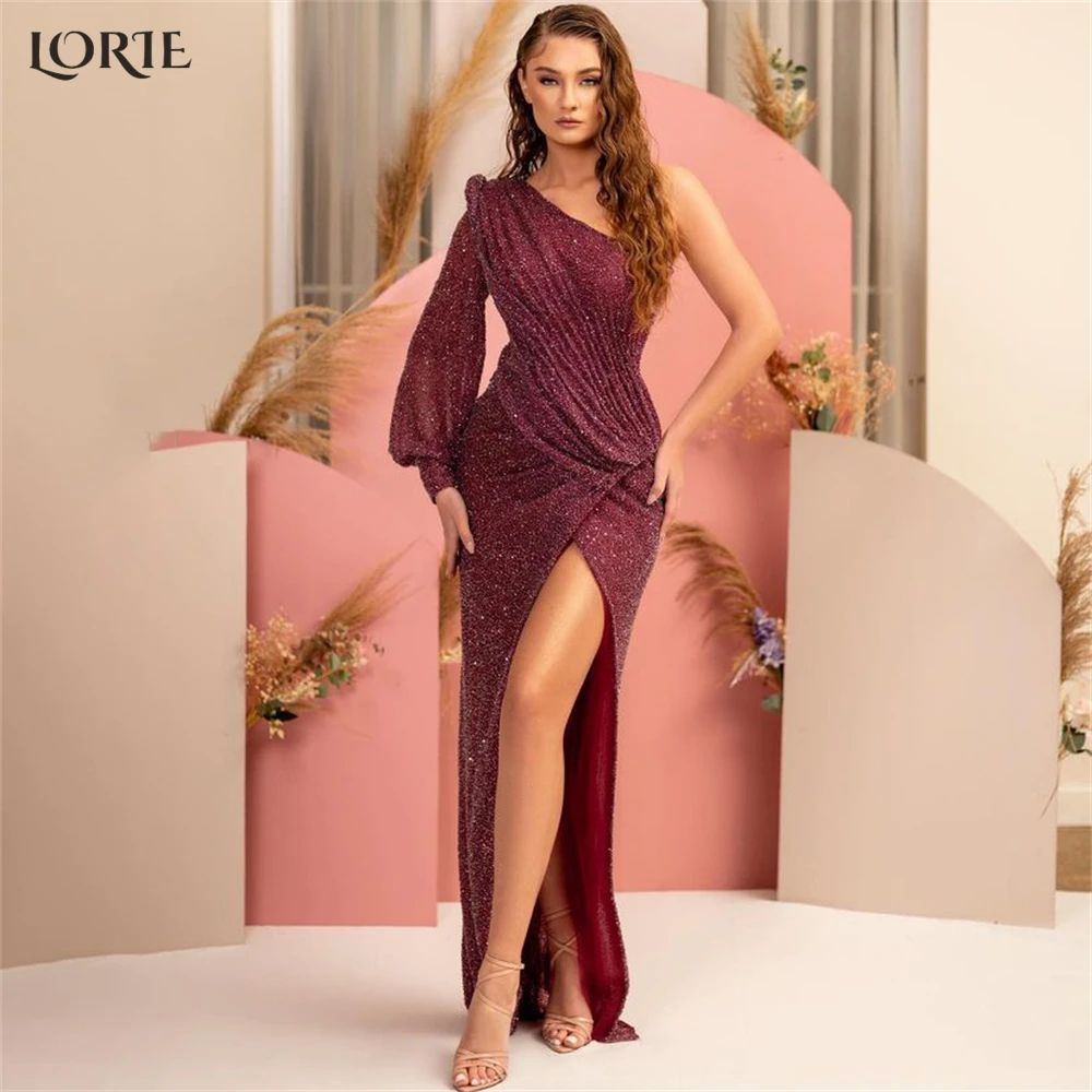 

LORIE Burgundy Glitter Mermaid Evening Dresses One Shoulder Cap Sleeves Shiny Prom Dress High Side Slit Pleats Party Gowns 2023