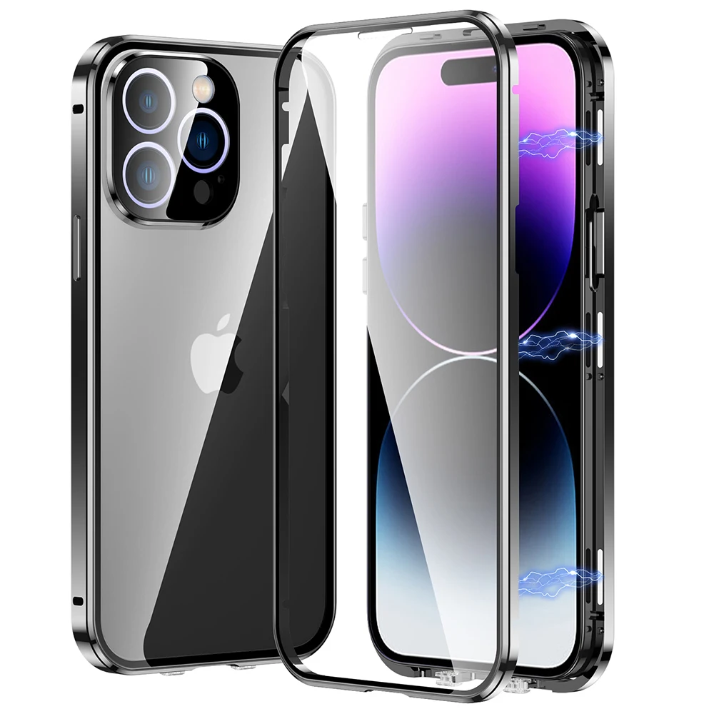 

360 Luxury Metal Magnetic Case For iPhone 14 Pro Max Skin Plus 13 12 11 Funda Alloy Frame Double Sided Tempered Glass Full Cover