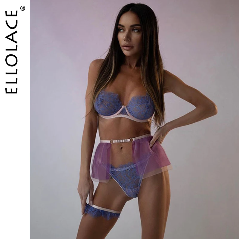 

Ellolace Sensual Lingerie Luxury 4-Piece Exotic Costumes Transparent Bra Hot Sexy Girly Outfit Sissy Slutty Naughty Intimate