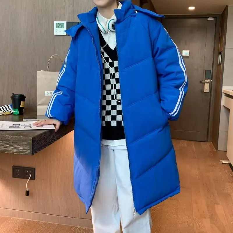 Korean Version Loose Parkas A Mid-length Side Stripe Hooded Zippered Coats Winter Cotton Fashion Casual Heavy Jacket Men Women