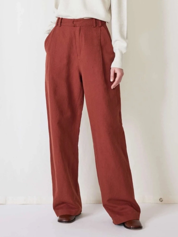 New In High-waisted Wide-leg Vintage Brick Red Women Pants High Quality Organic Cotton/Linen Pants with Loose Straight-cut Shape