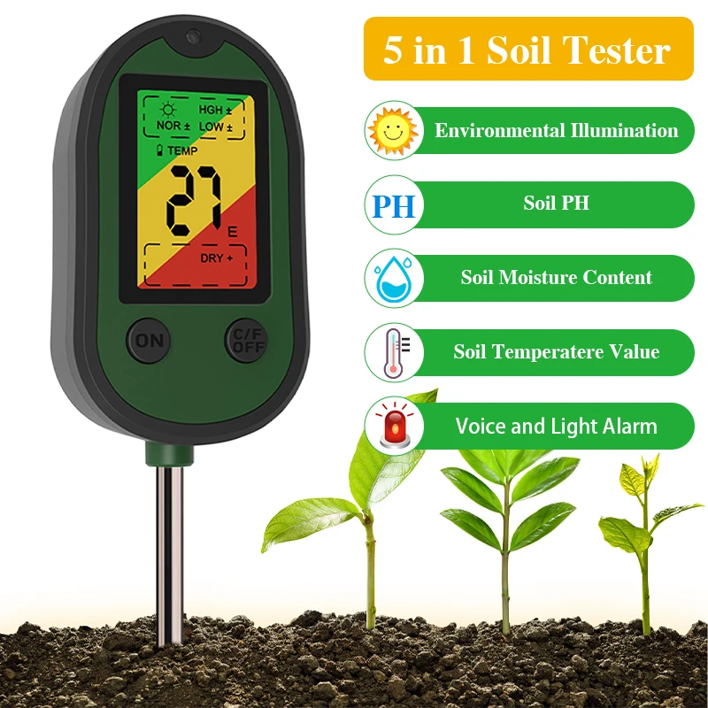 

Soil Tester 5 in 1 PH Meter Plant Moisture Meter TEMP Sunlight Intensity measurement Analysis Alarm Soil Acidity Test Monitor