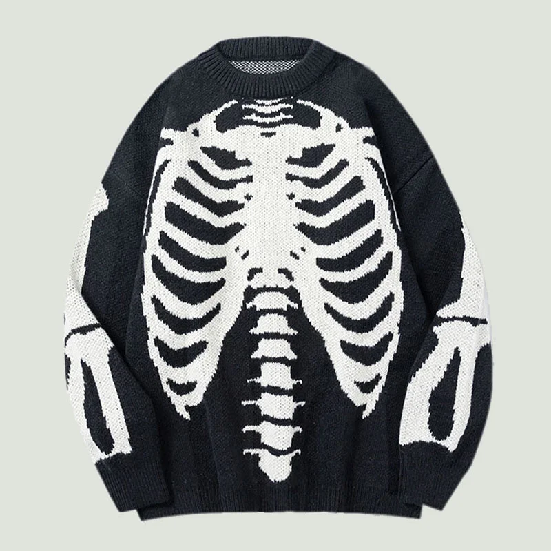 

Streetwear Oversized Knitted Sweaters Mens Vintae Skeleton Bone Printed ip op arajuku Patcwork Casual Pullover Unisex Black