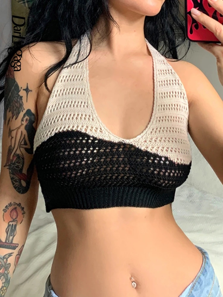 

Darlingaga Fashion Beach Halter Neck Black White Crochet Top Women Backless Summer Tank Top Hot Sale Cropped Vest Hollow Party