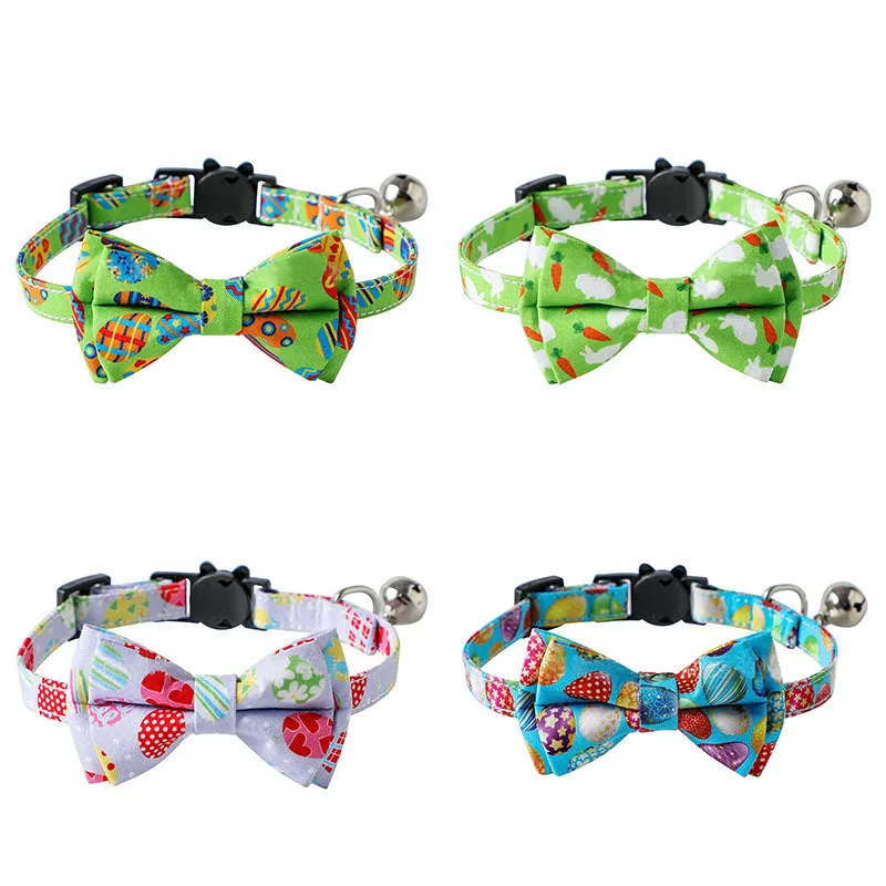 

Cat Collar Rabbit Carrot Egg Bowknot Puppy Chihuahua Necklace With Bell Adjustable Cats Bow Tie Easter Gift Pets Accessories