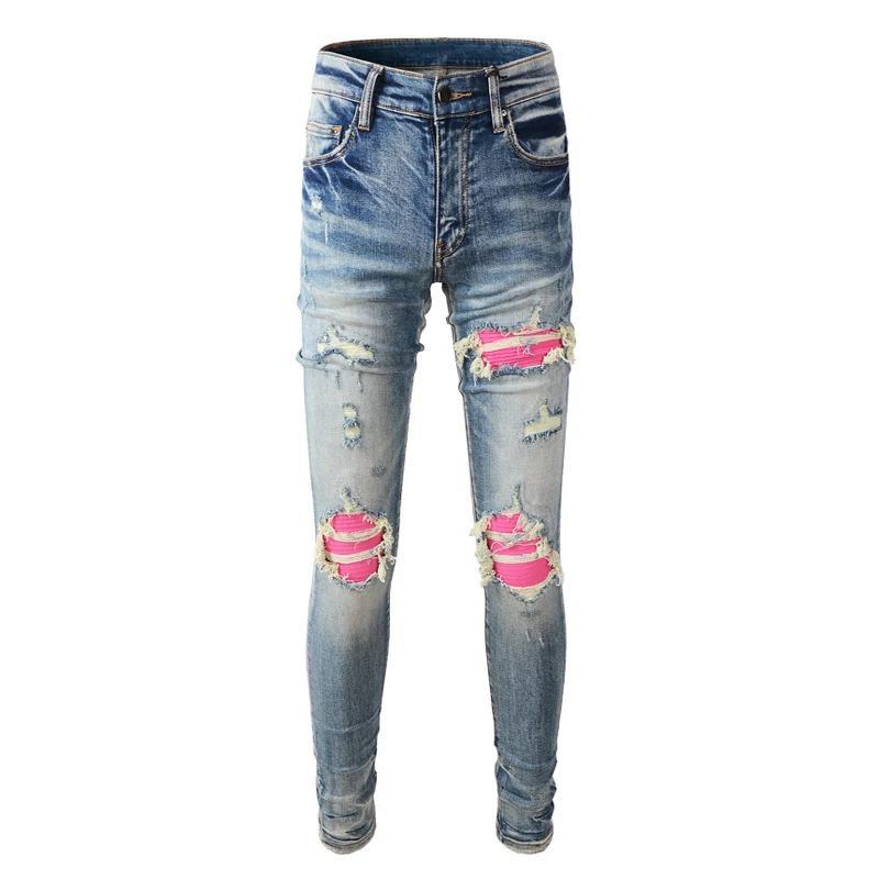 Jeans Retro Light Blue Stretch Slim Fit Hole Ripped Jeans Men Pink Patch Designer Hip Hop Brand Pants Hombre