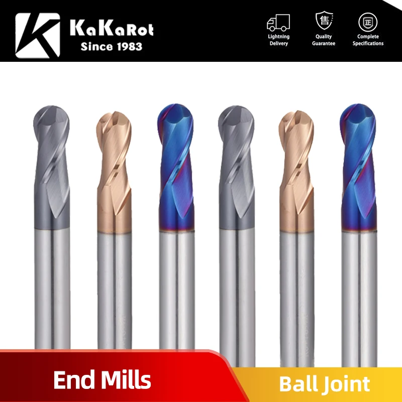 KaKarot Ball Nose End Milling Cutter Tungsten Carbide Cutter CNC Router Bit Milling Tool HRC50 55 65 2 Flute Ball End mill R1 R2