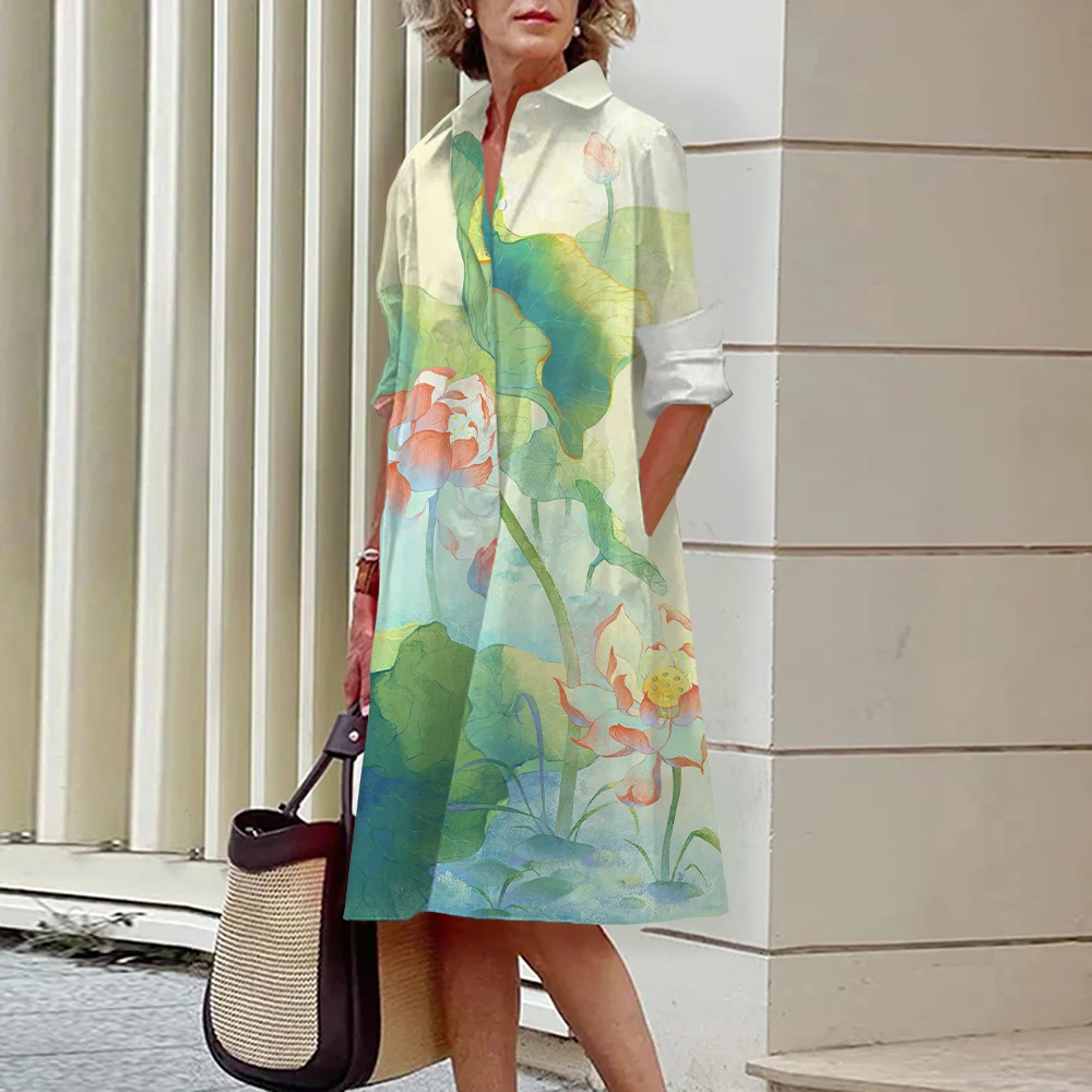 Новинка 2023 платье-рубашка женское офисное платье с длинным рукавом и принтом
