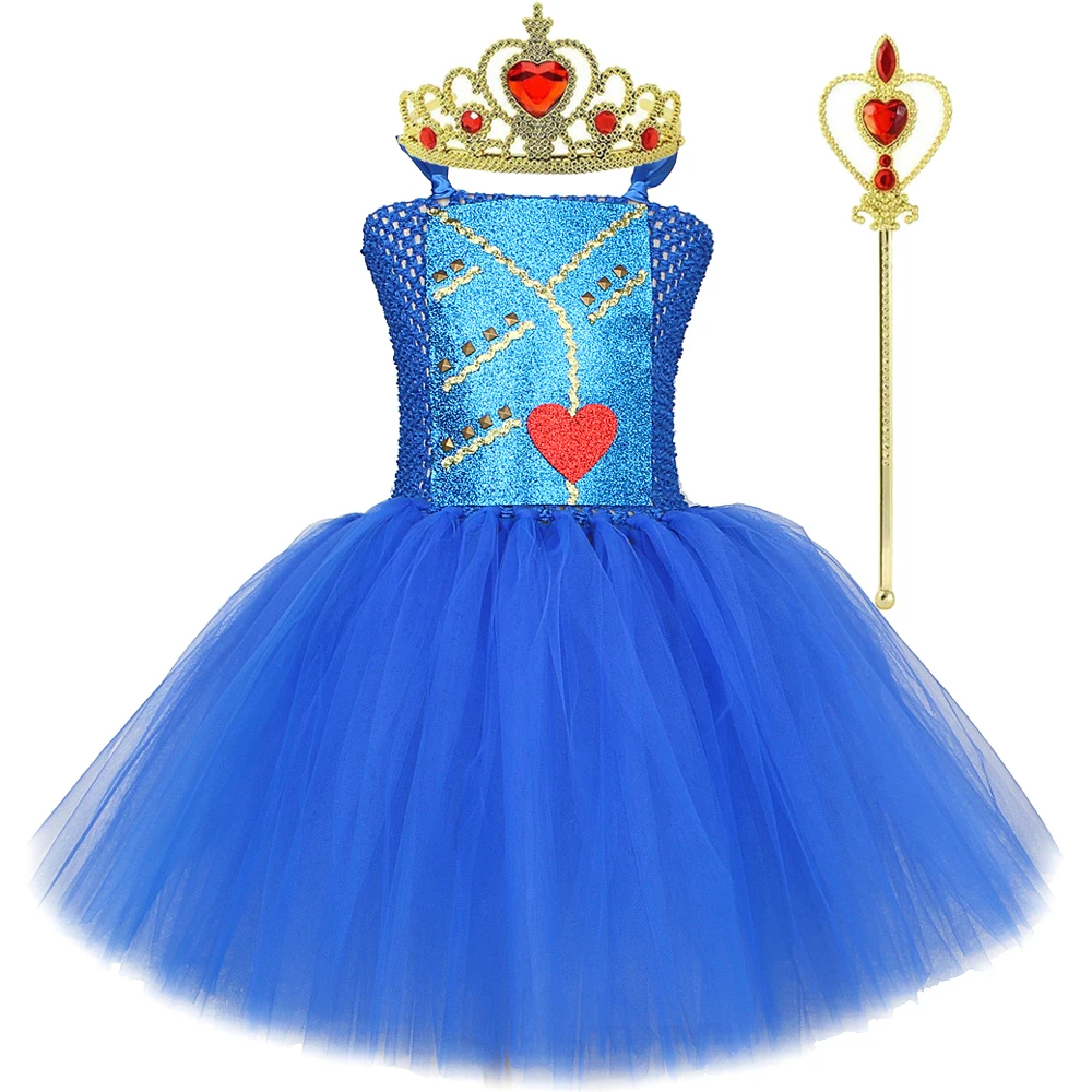 Royal Blue Evie Descendants Costumes for Girls Carnival Halloween Fancy Dress for Kids Princess Birthday Tutus Outfit with Crown