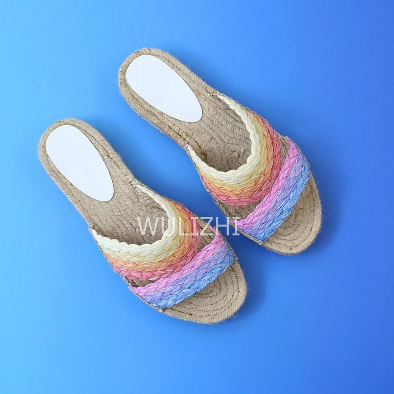 Women Rainbow Colored Woven Slippers Flat Casual Open Espadarille Design Gladiator Pink Graffiti Sandals Summer Fashion Shoes