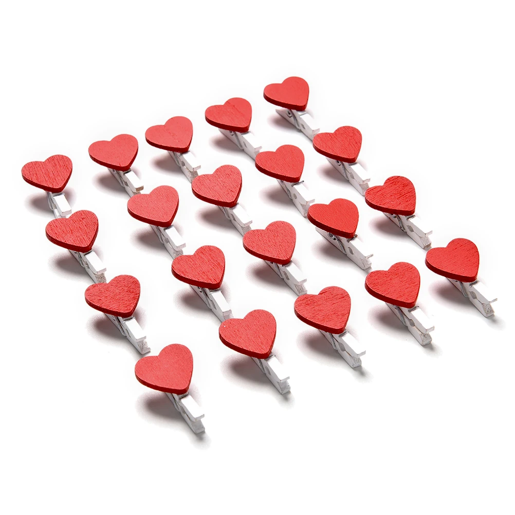 

20 Pcs Stylish Wooden Red Love Heart Pegs Photo Paper Clips Wedding Decor Craft