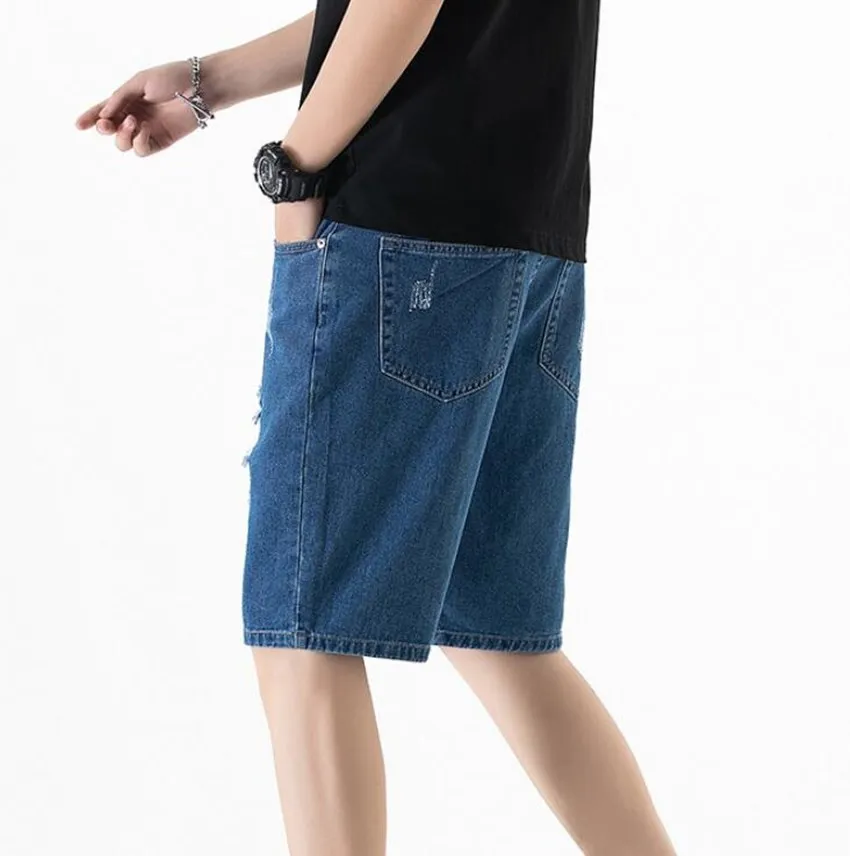 2023 Summer New Japan Korea Hole Ripped Straight Men Jeans Shorts  Fashion Loose Blue Washed Street Knee-length Male Denim Pants