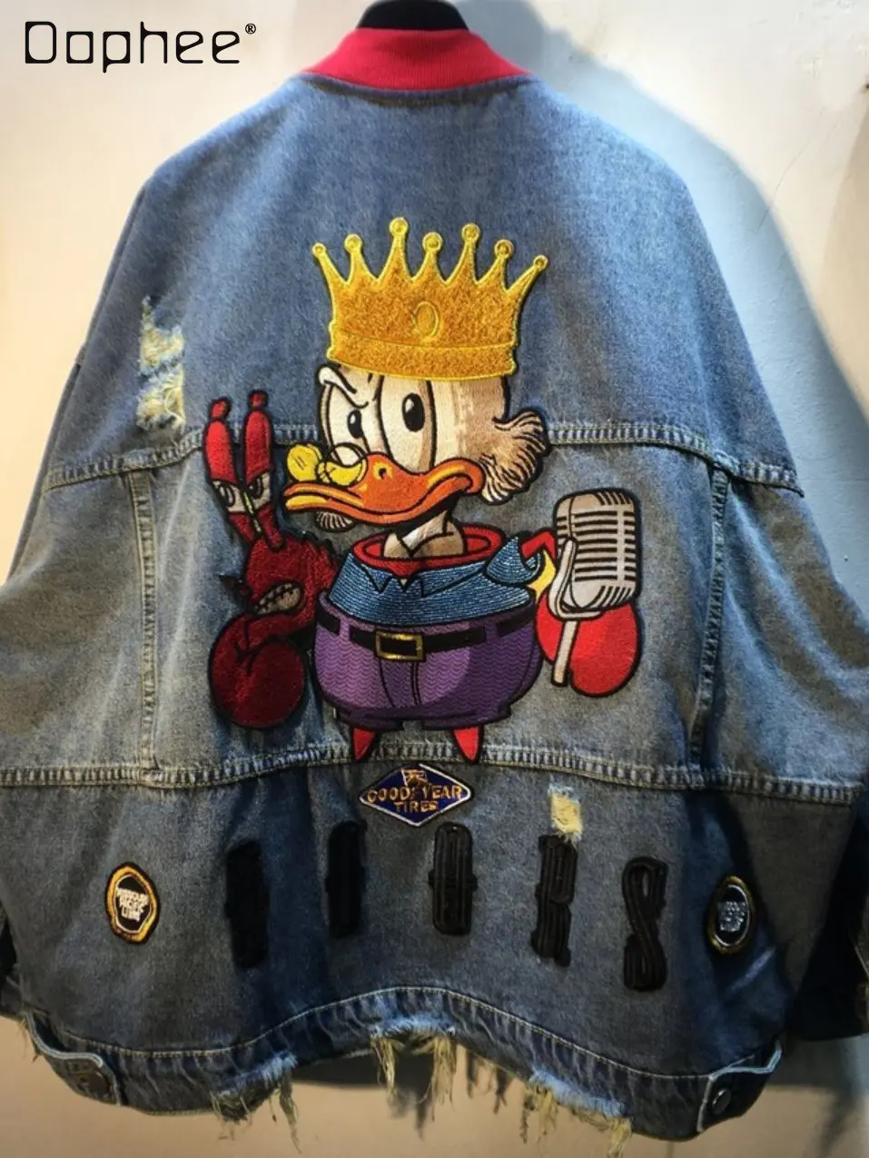 

female Autumn New Machine Embroidery Beaded Cartoon Patch Loose Slimming Holes Denim Jacket 2022 for Women Fashion Jeans Coat