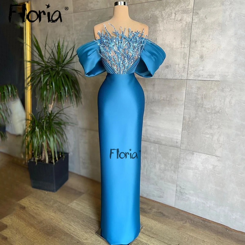 

Dark Blue Off Shoulder Formal Prom Dress 3D Beading Appliqued Sheer Neck Evening Dress Women Pageant 2023 Event Party Gowns