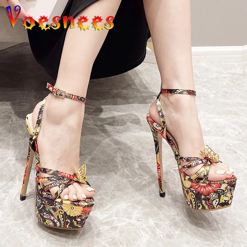 

Fashion Printed Models Sandals 2023 New Summer Thick Platform Women Shoes Sexy Narrow Band Stilettos Gold Butterfly High Heels