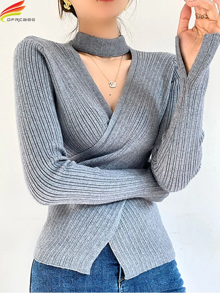 

DFRCAEG 2022 New Sexy Deep V Neck Cross Sweater Women's Pullover Casual Sweaters Female Elastic Cotton Long Sleeve Tops Femme