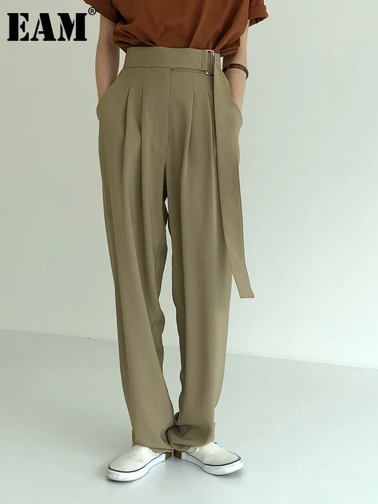 

[EAM] High Waist Khaki Belted Pleated Long Casual Trousers New Loose Fit Pants Women Fashion Tide Spring Autumn 2022 1DE9422