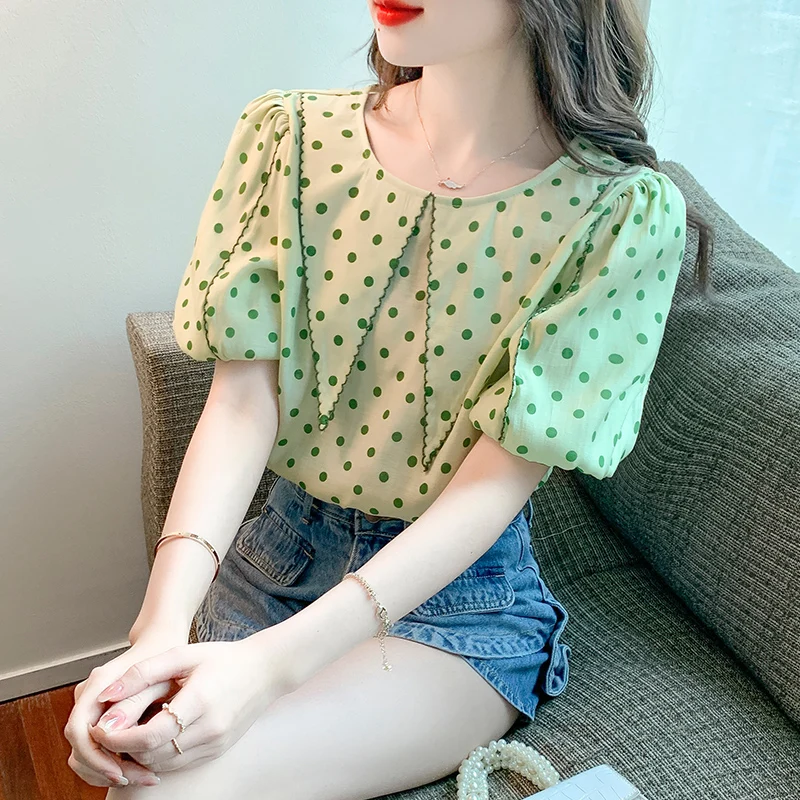 

COIGARSAM Blouse Women Summer 2022 New Print Short Sleeve Polka Dot Puff Sleeve Blusas Womens Tops And Blouses Dropshipping