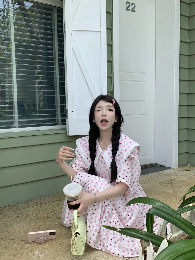 

GBD3176 Summer Sweetness 2023 New Cute Floral Polo Collar Midskirt with Fashionable and Unique Short Sleeve Dress