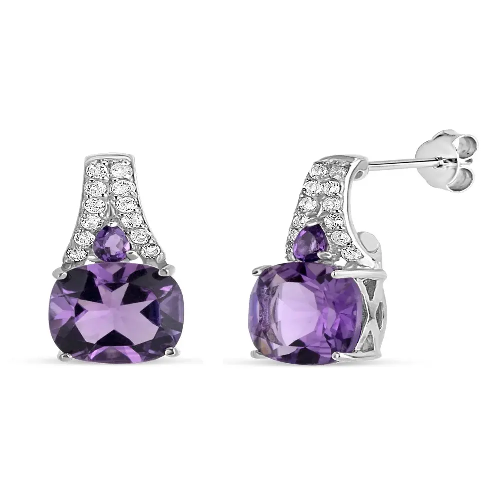 

Cushion Cut Amethyst and White Topaz Sterling Silver Rhodium Plated Stud Earrings