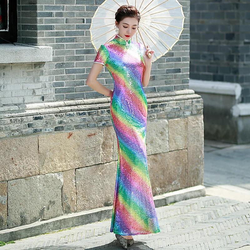 New Luxury Gorgeous Long Fork Sequin Mermaid Cheongsam Stage Show Dance Dress Elegant Sexy Slim Bodycon Qipao Fashion Gown