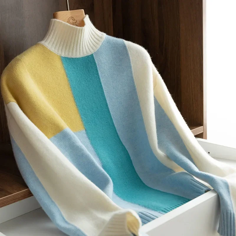 

Women's Sweater And Pullover 2022 Autumn Winter New Female Half High Collar Color matching Knitting Sweater Schoolgirl Tops