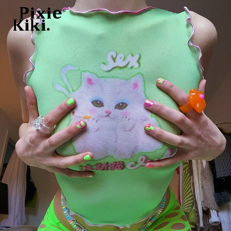 

Милая футболка PixieKiki с принтом в виде кошки, прозрачная сетчатая майка, женская одежда Y2k, эстетичный зеленый топ с оборками, футболки с графи...